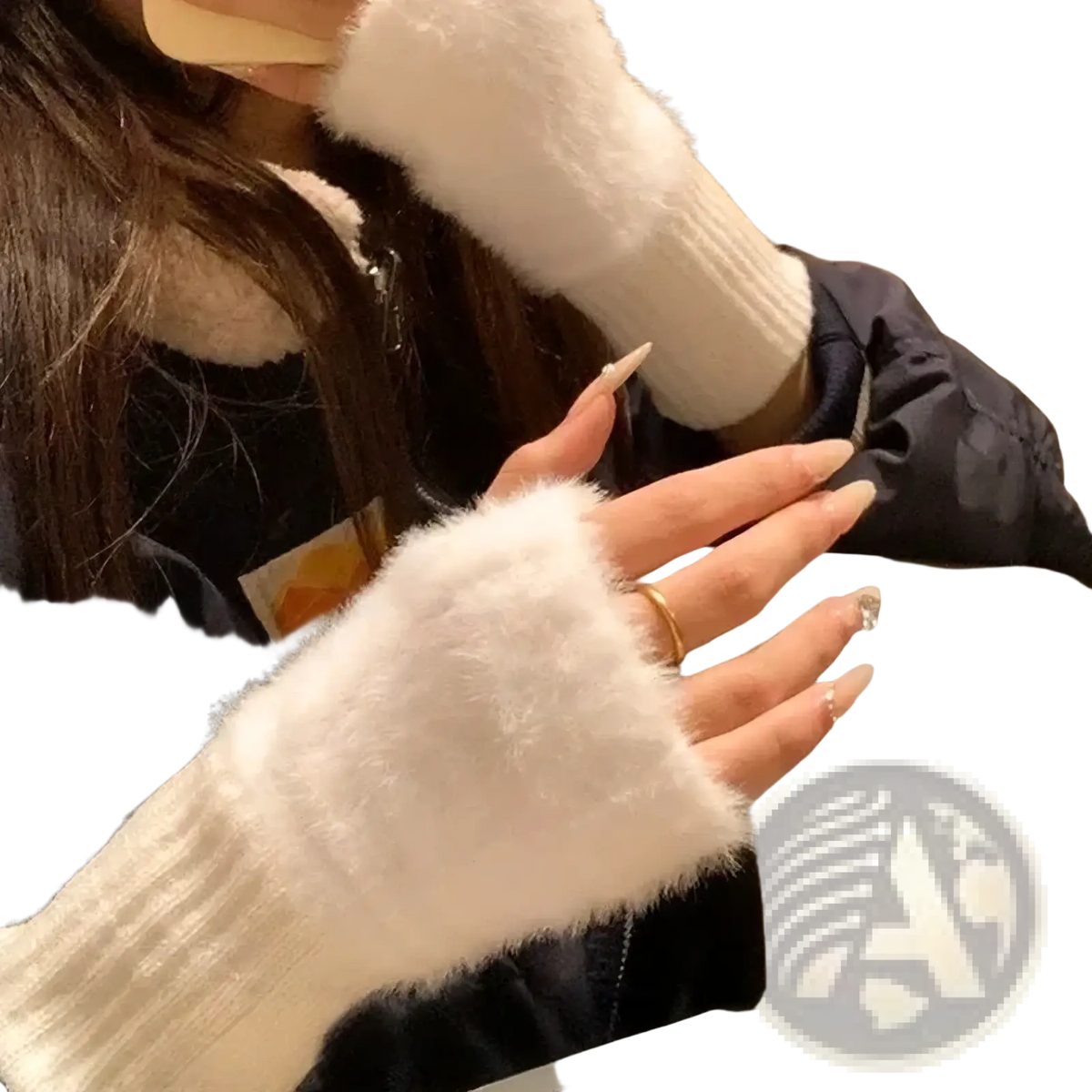 White fuzzy plush fingerless gloves with ribbed cuffs designed as warm winter wrist warmers