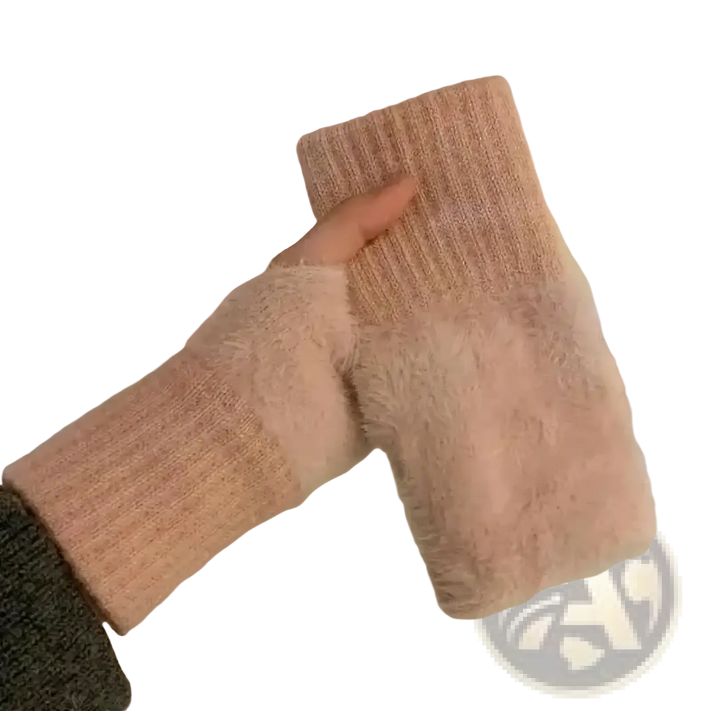 Soft pink plush fingerless gloves made of fuzzy knit with a ribbed cuff for winter warmth and comfort