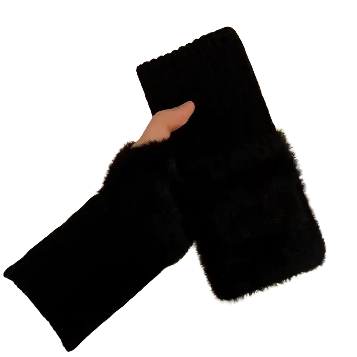 Black faux fur wrist cuffs with ribbed knit cuff plush texture for plush fingerless gloves winter knit mittens