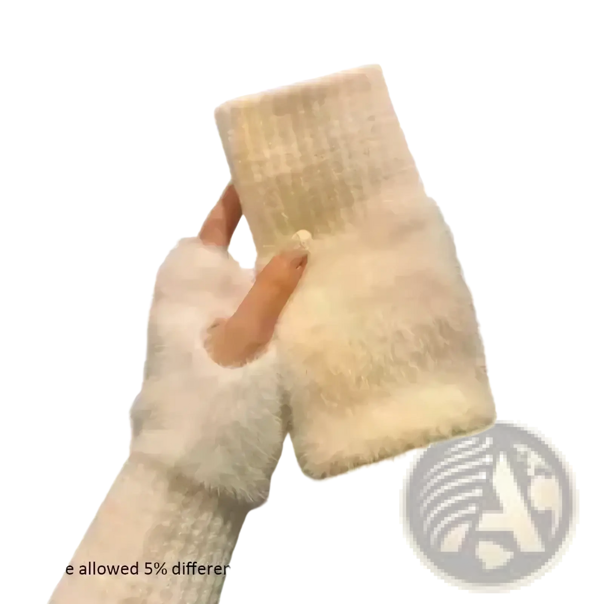 Cream-colored plush fingerless gloves with ribbed knit cuff and soft faux fur lining for winter warmth