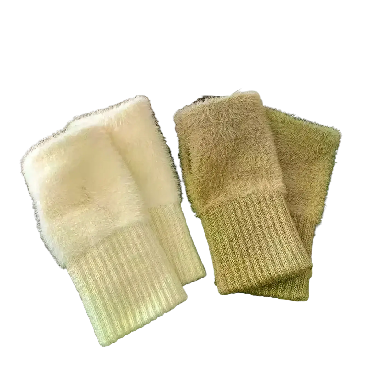 Plush fingerless gloves in soft beige and cream with ribbed knit cuffs perfect for winter wear