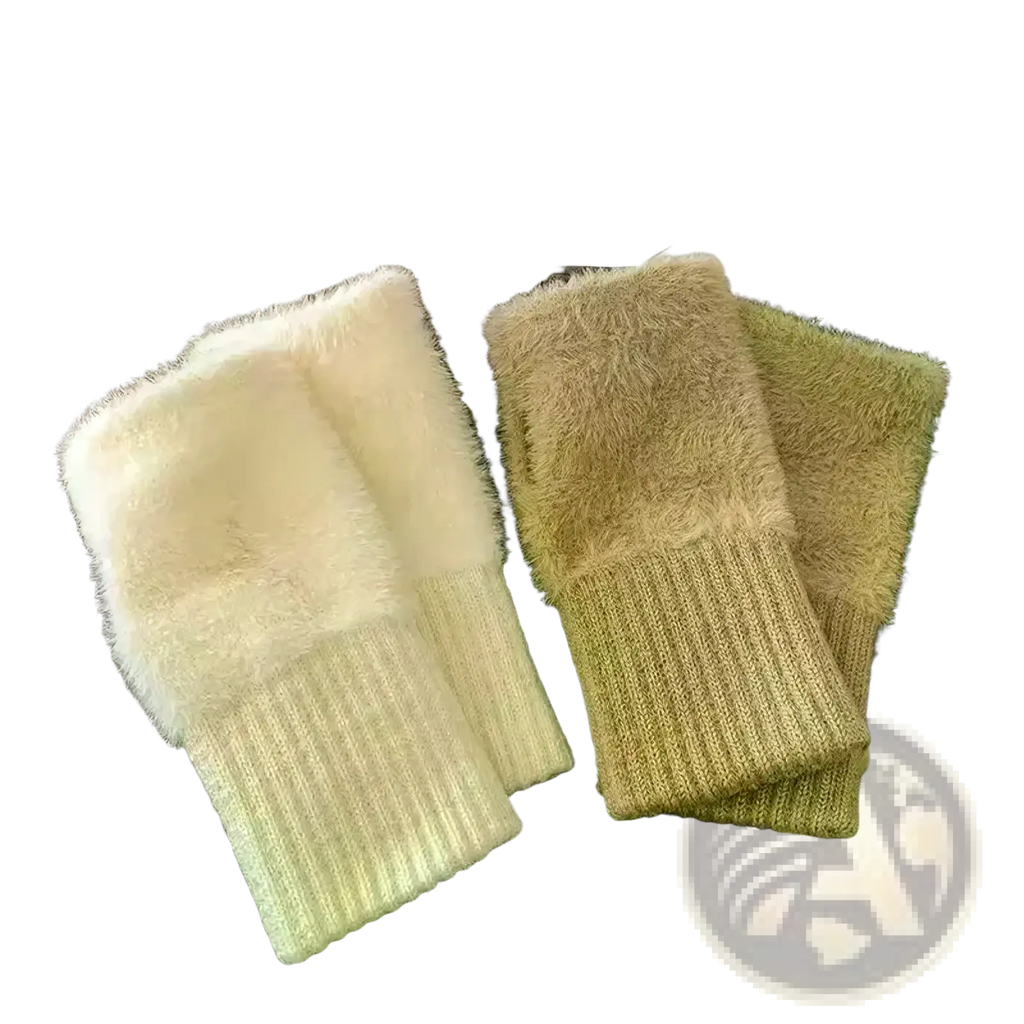 Plush fingerless gloves in soft beige and cream with ribbed knit cuffs perfect for winter wear