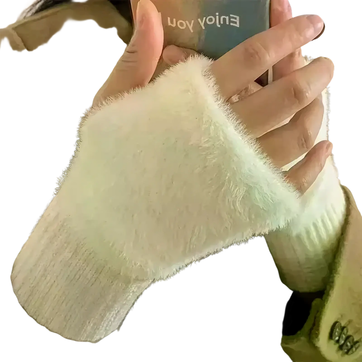 Soft off-white plush fingerless gloves with faux fur and ribbed knit cuff for winter warmth and comfort