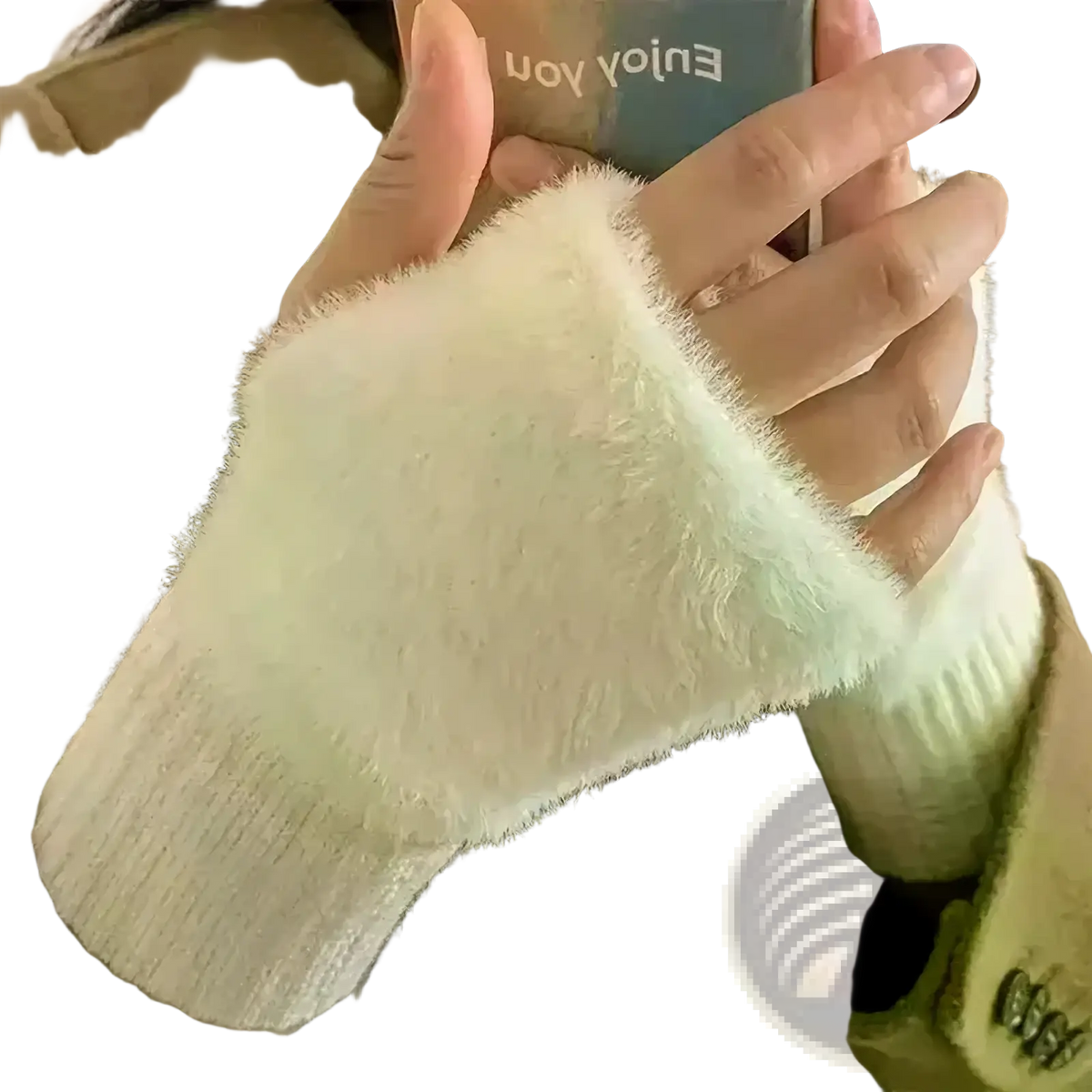 Soft off-white plush fingerless gloves with faux fur and ribbed knit cuff for winter warmth and comfort