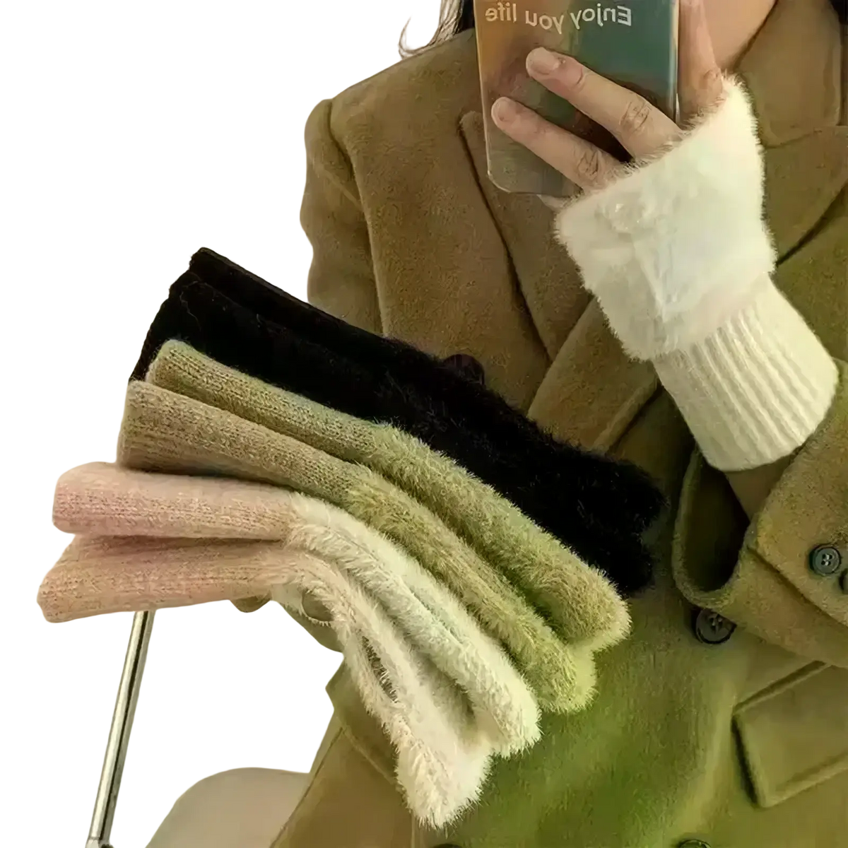 A stack of cozy plush fur ankle socks in soft pastel and neutral tones complementing winter knit fingerless gloves