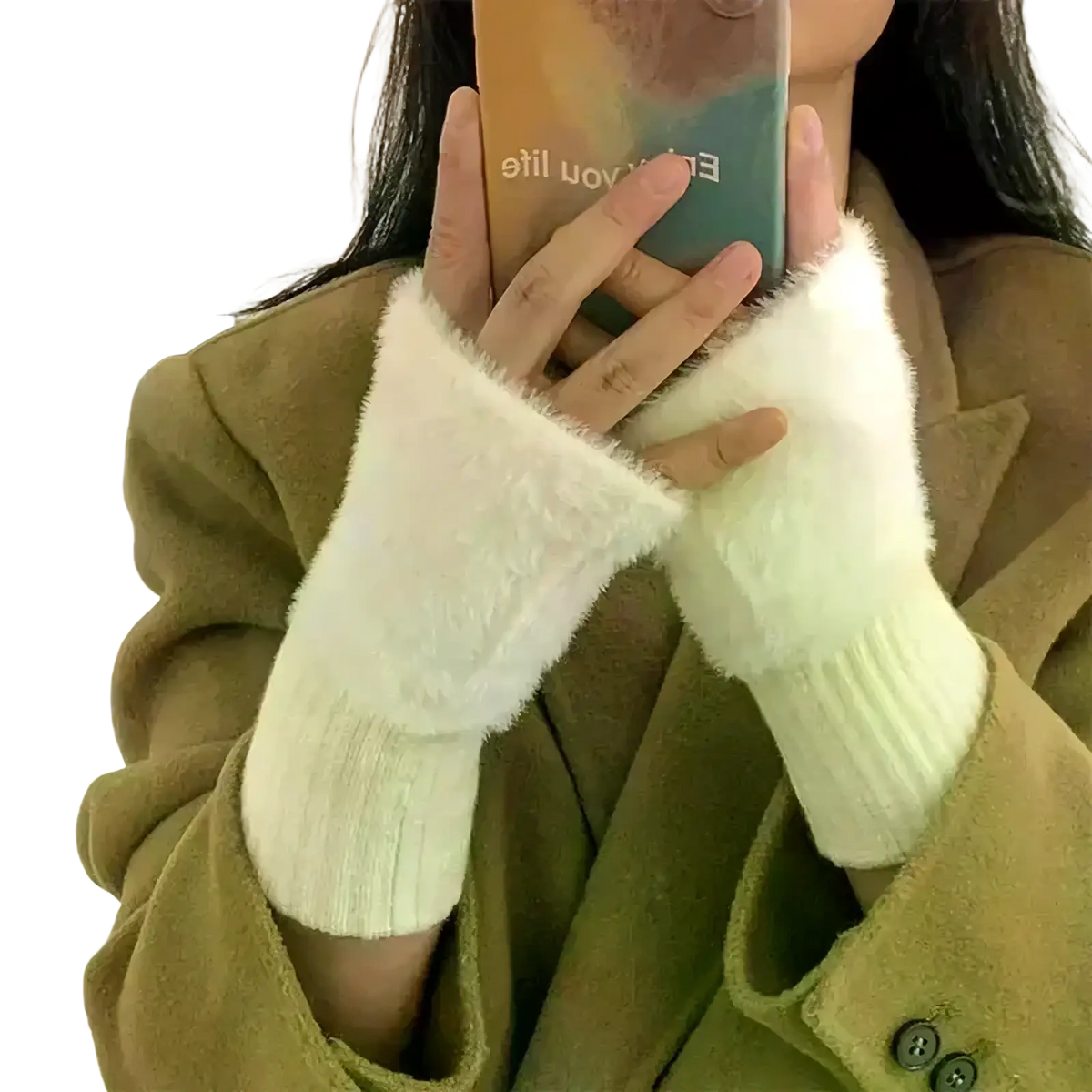 White plush fingerless gloves with ribbed knit cuffs designed for winter warmth and comfort