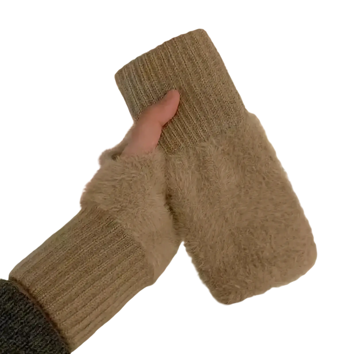 Beige knit fingerless gloves with ribbed cuff and plush fuzzy lining designed for winter use by women