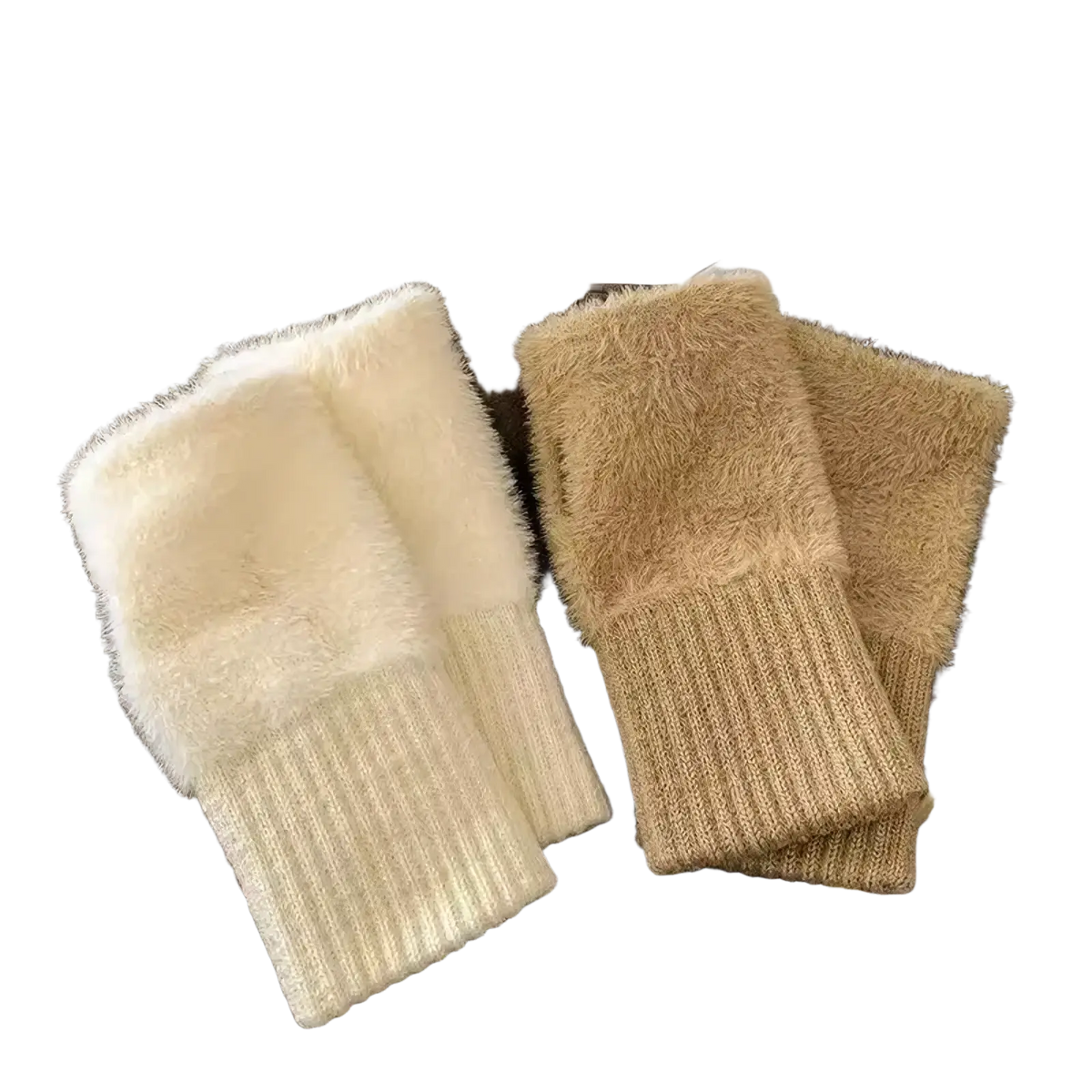 Cream-colored and beige plush fingerless winter gloves for women featuring faux fur and ribbed knit cuffs