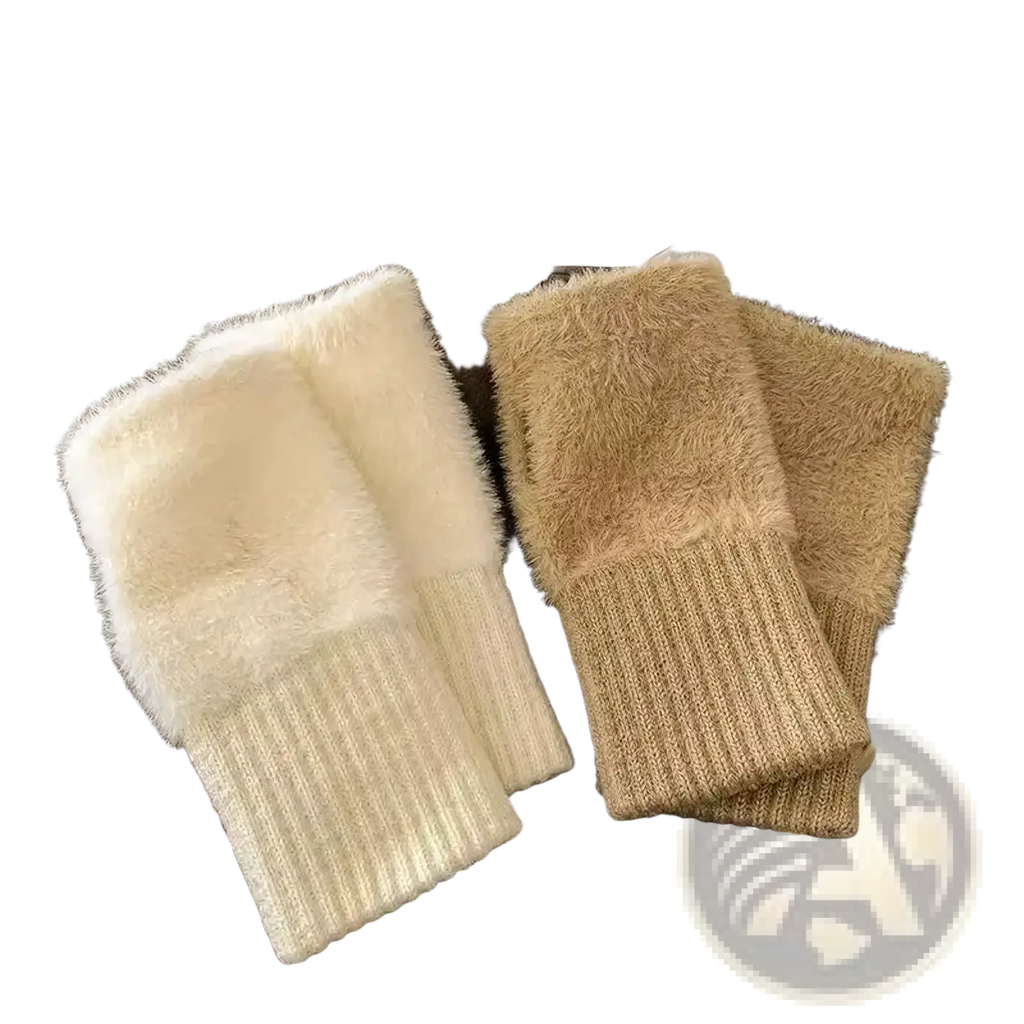Cream-colored and beige plush fingerless winter gloves for women featuring faux fur and ribbed knit cuffs