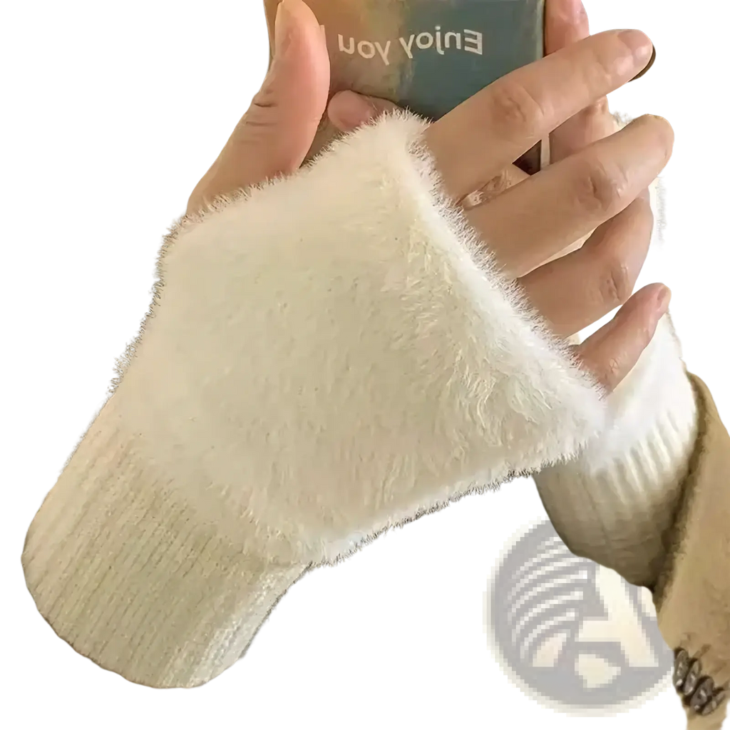 Soft white plush fingerless winter gloves for women with fuzzy texture and ribbed knit cuff for warmth and comfort