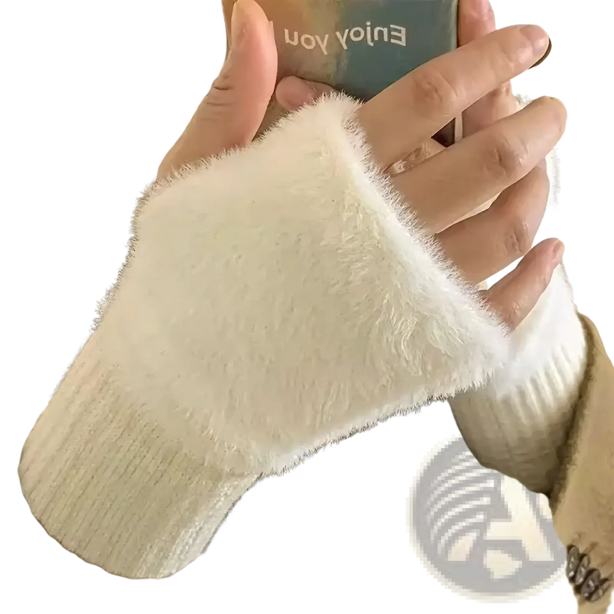 Soft white plush fingerless winter gloves for women with fuzzy texture and ribbed knit cuff for warmth and comfort