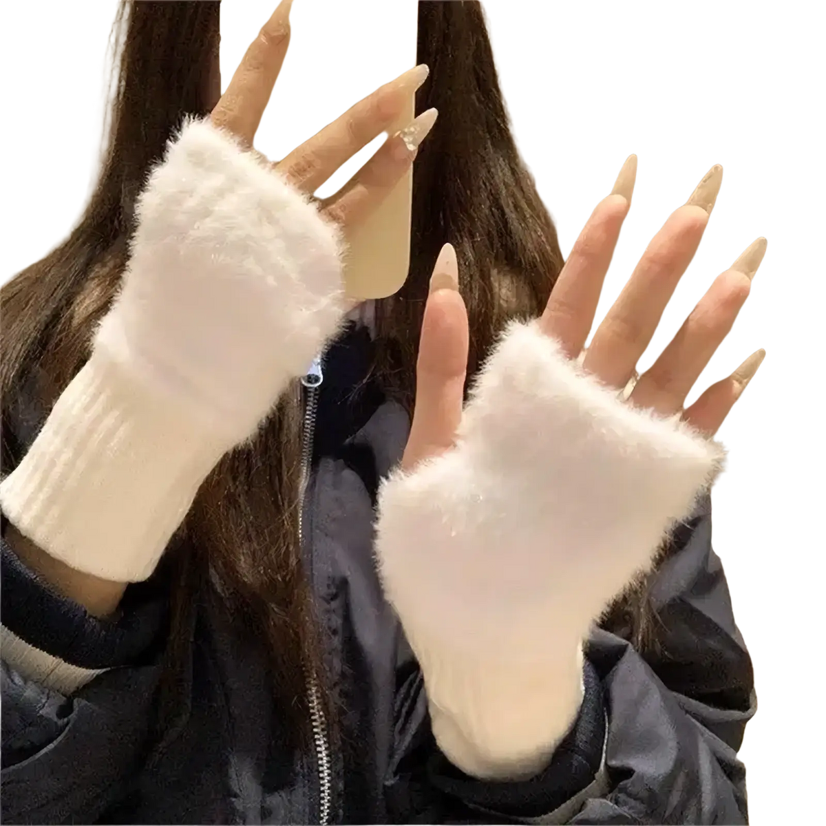 Plush fingerless winter gloves for women in white plush with fuzzy fabric and ribbed knit cuff shown from the back side