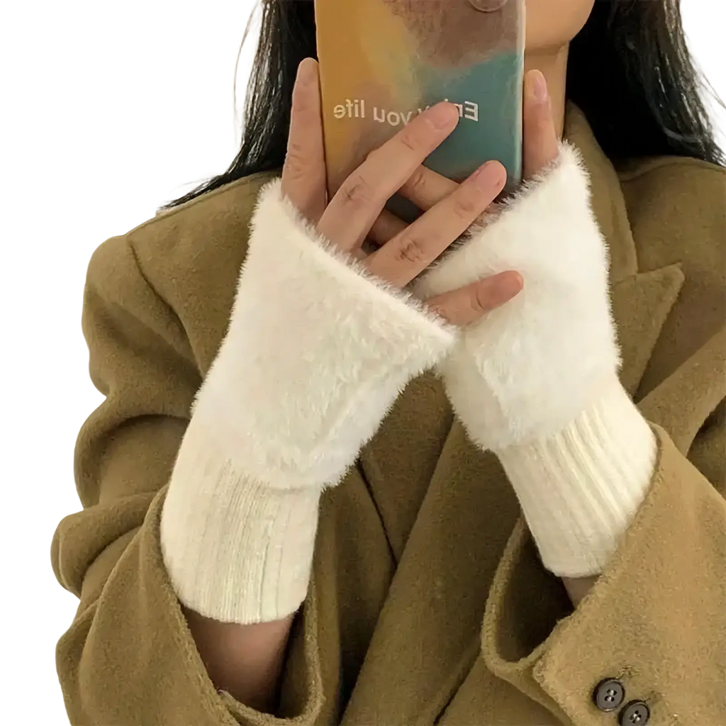 Plush fingerless winter gloves for women in white fuzzy material with ribbed knit cuff shown from the back side