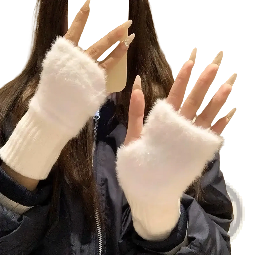 Plush fingerless winter gloves for women in white plush with fuzzy fabric and ribbed knit cuff shown from the back side