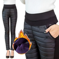 Black quilted winter pencil pants with plush purple fleece lining and elastic waistband for high waist comfort