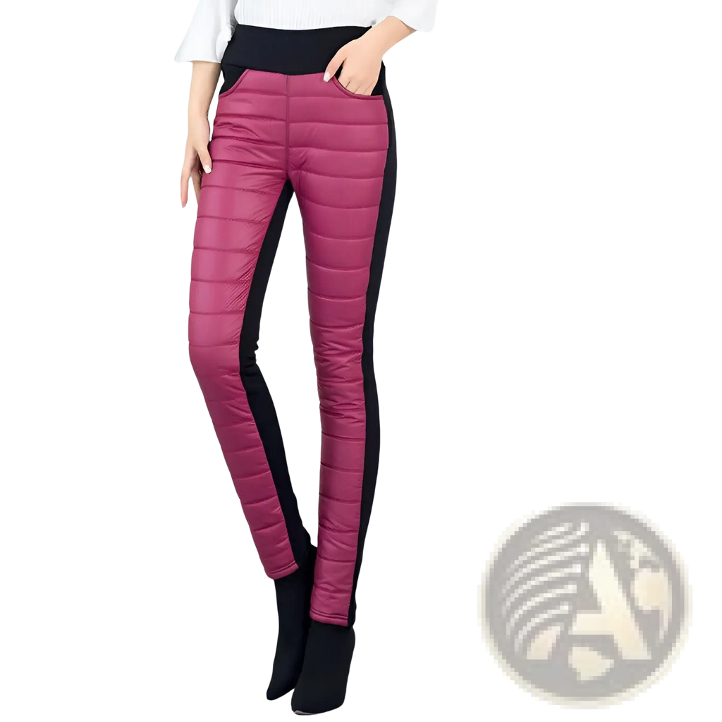 Plush fleece lined high waist winter pencil pants in fuchsia quilted fabric with black side panels and elastic waistband