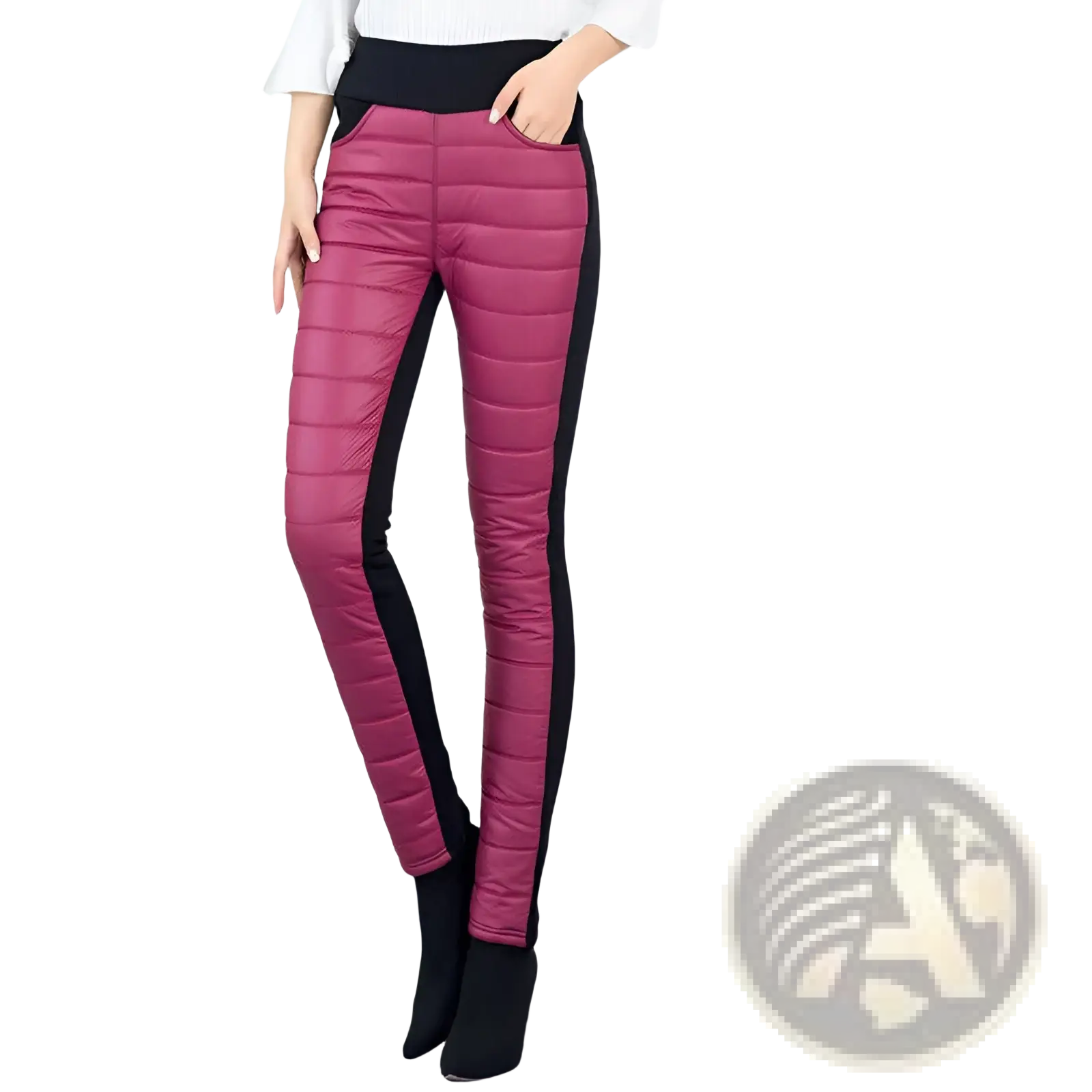 Plush fleece lined high waist winter pencil pants in fuchsia quilted fabric with black side panels and elastic waistband