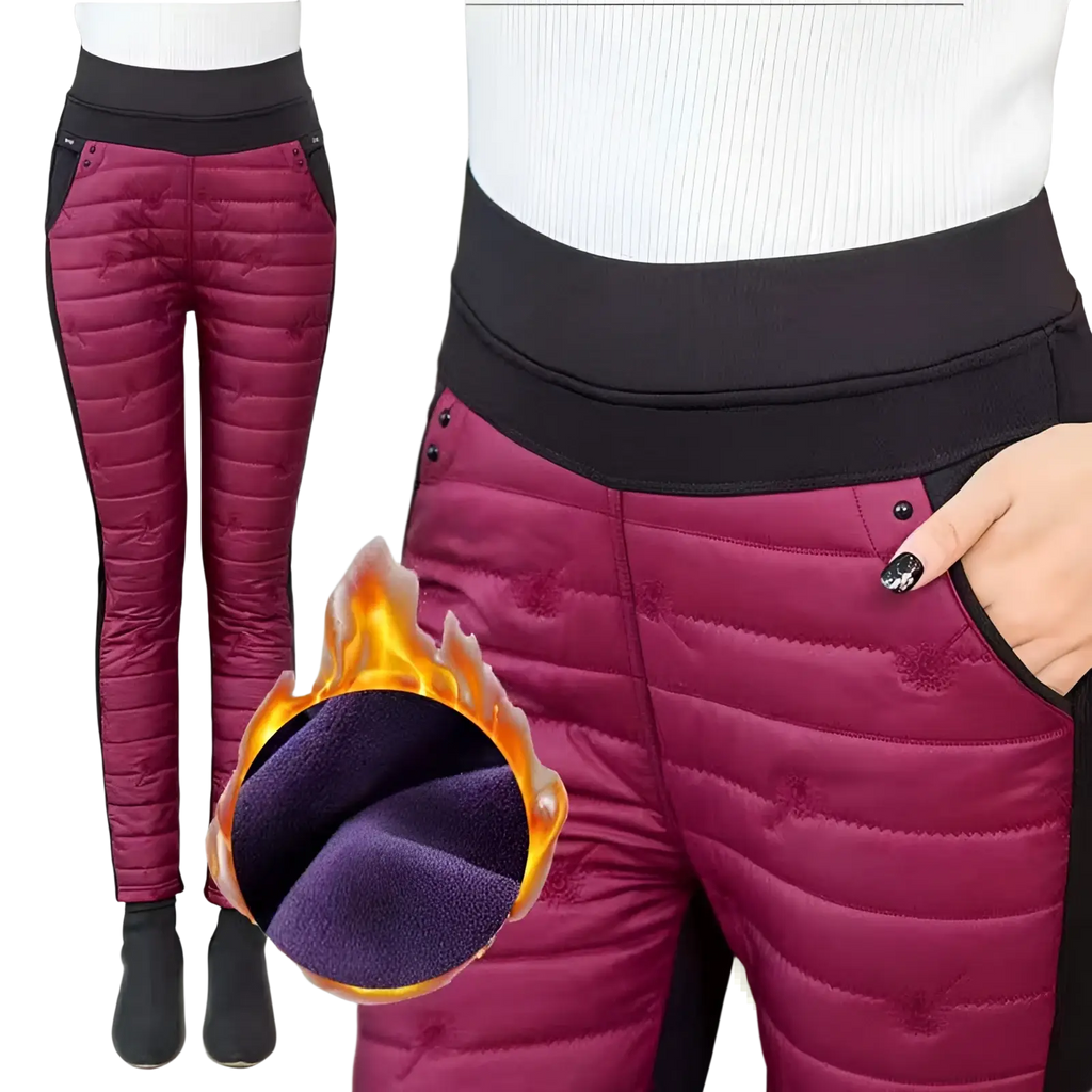 Plush fleece lined high waist winter pencil pants in fuchsia quilted fabric with black elastic waistband and side panels