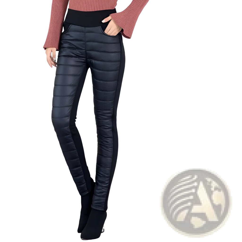 Black quilted faux leather high waist winter pencil pants with plush purple fleece lining for warmth and style