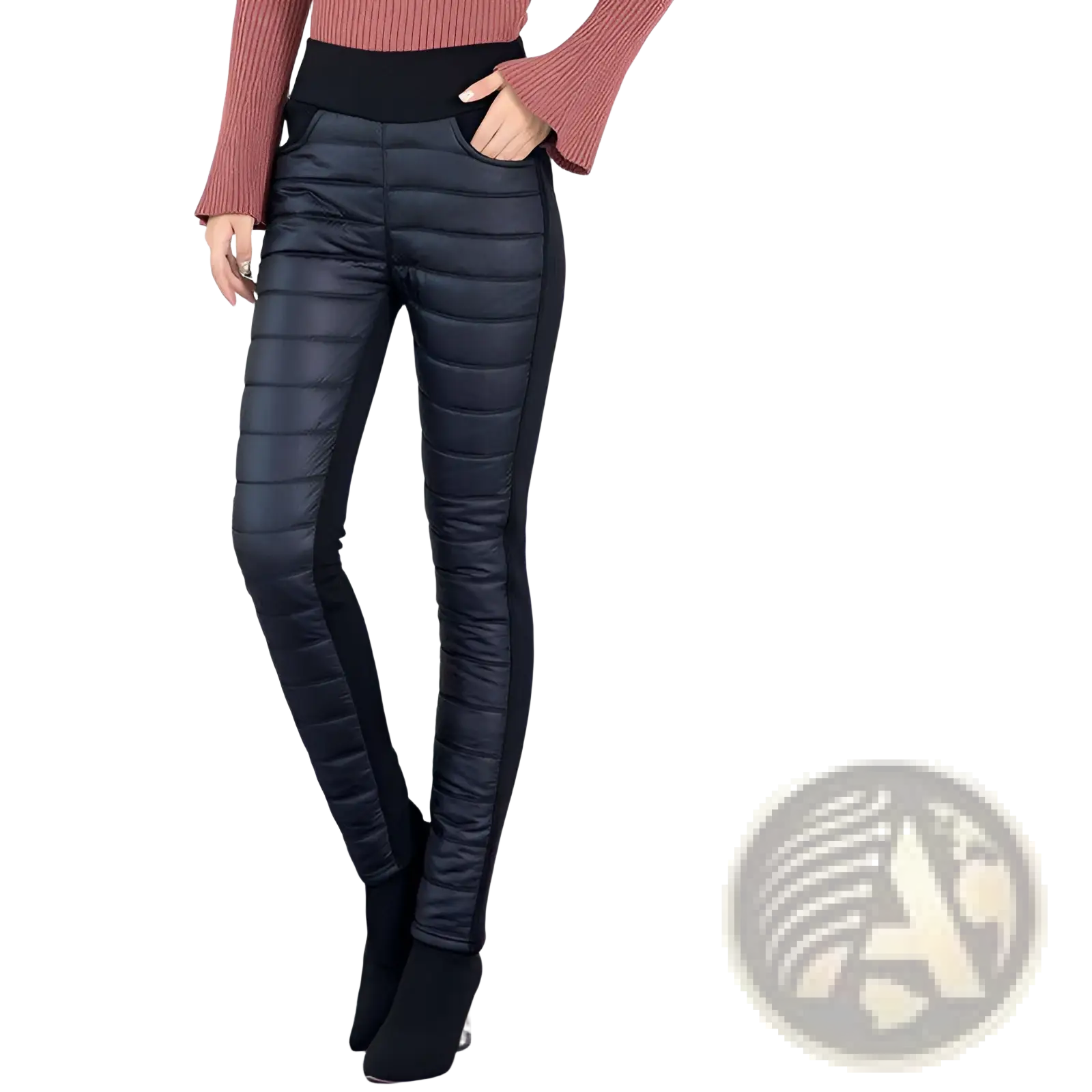 Black quilted faux leather high waist winter pencil pants with plush purple fleece lining for warmth and style