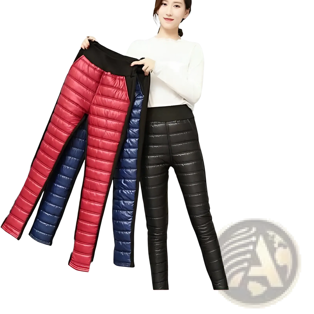 Plush fleece lined high waist winter pencil pants in red and navy quilted padding with black elastic waistband