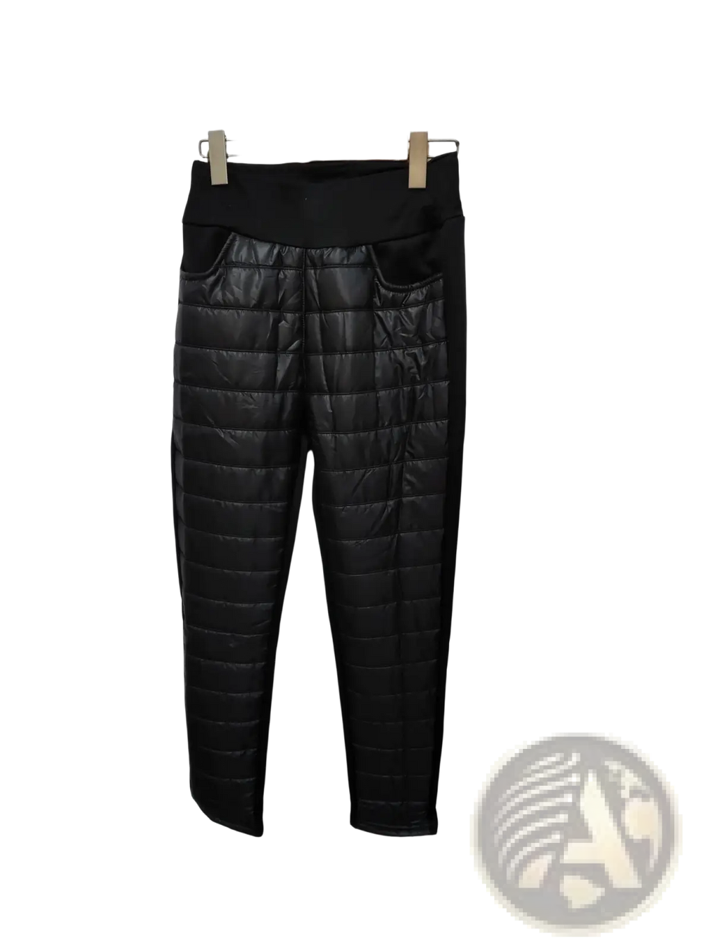 Black quilted plush fleece lined high waist winter pencil pants with elastic waistband and two front pockets