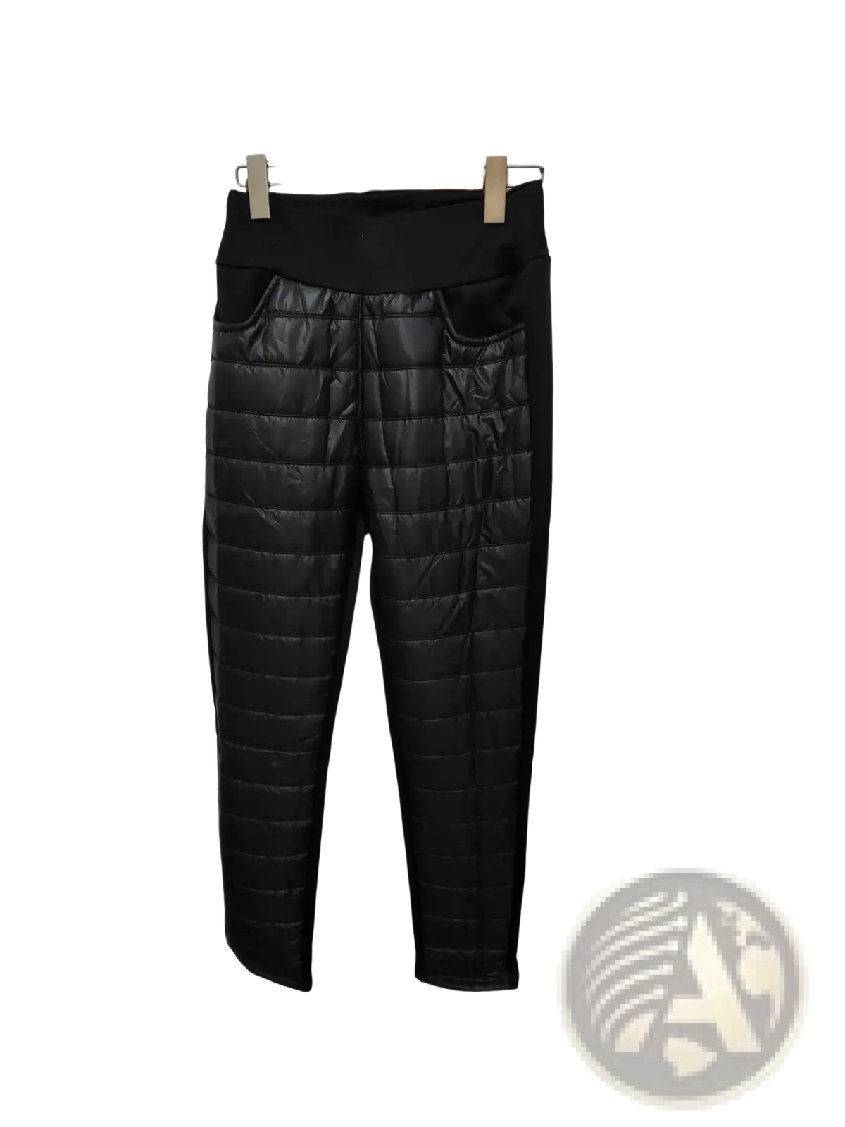 Black quilted plush fleece lined high waist winter pencil pants with elastic waistband and two front pockets