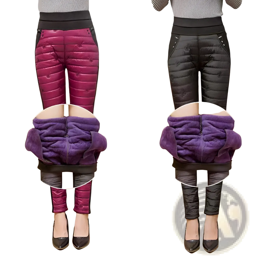 Fuchsia and black quilted winter pencil pants with plush purple fleece lining and high waist design
