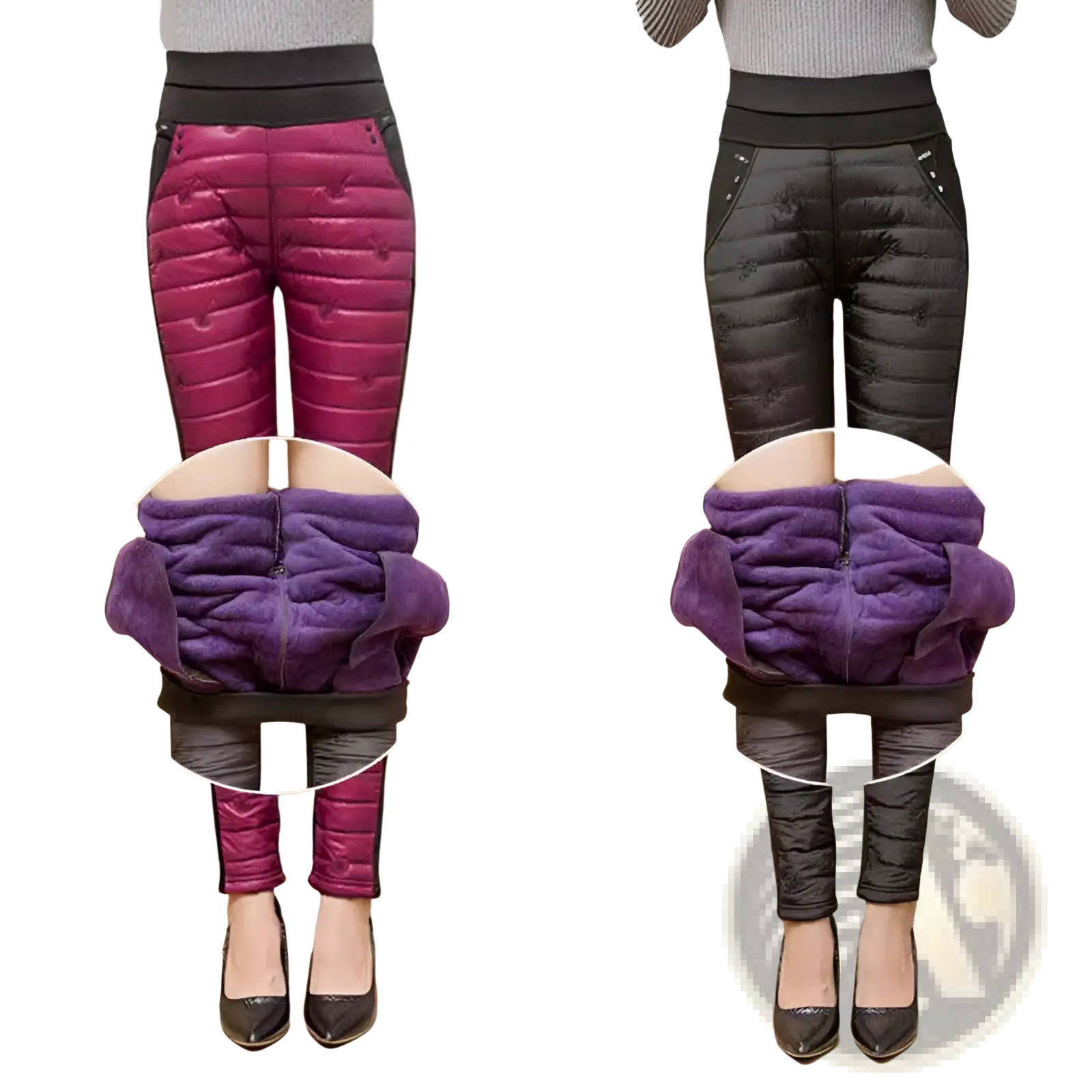 Fuchsia and black quilted winter pencil pants with plush purple fleece lining and high waist design