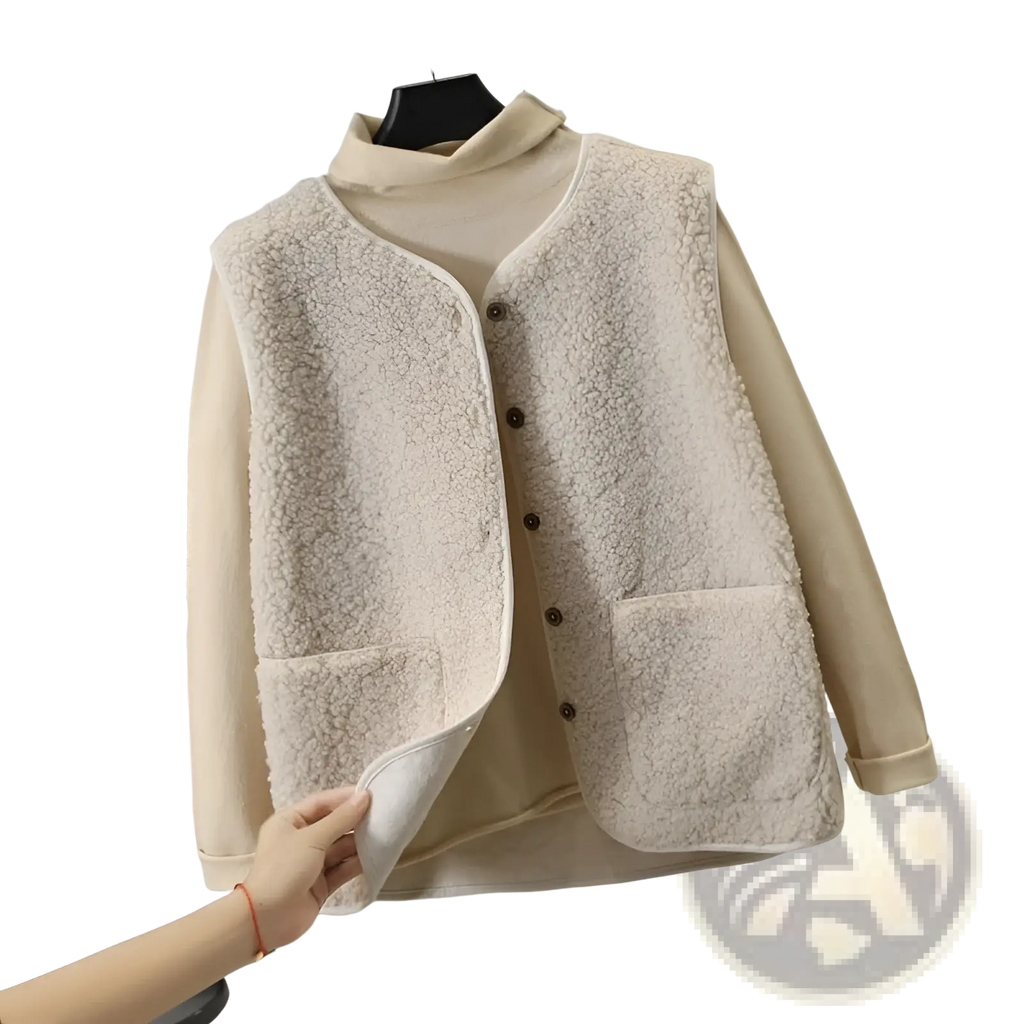 Cream-colored plush fleece vest for women with soft shearling exterior and matching cozy inner lining for winter outerwear