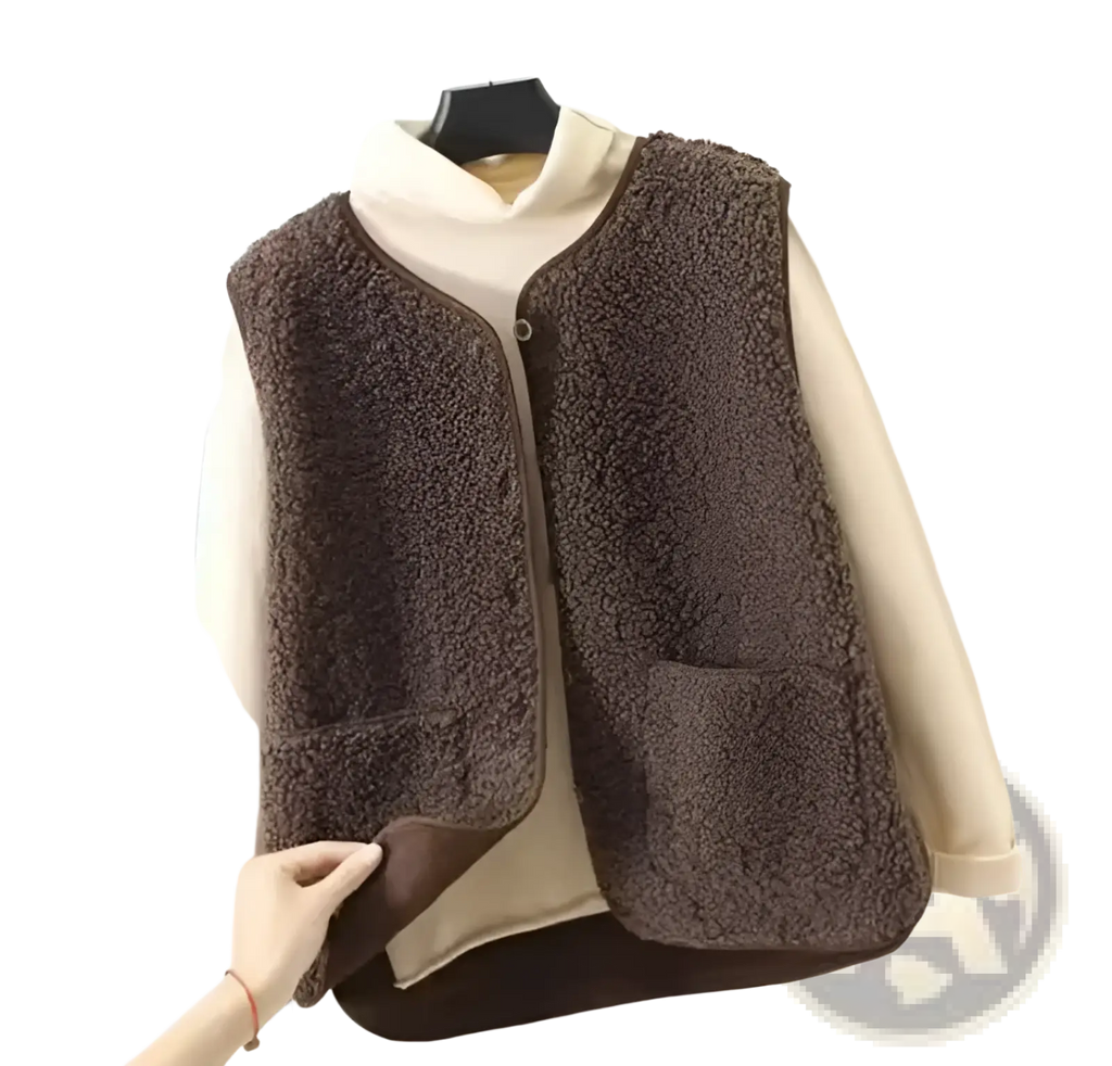 Plush fleece vest women brown faux fur with cozy textured exterior and dark brown inner lining for winter outerwear