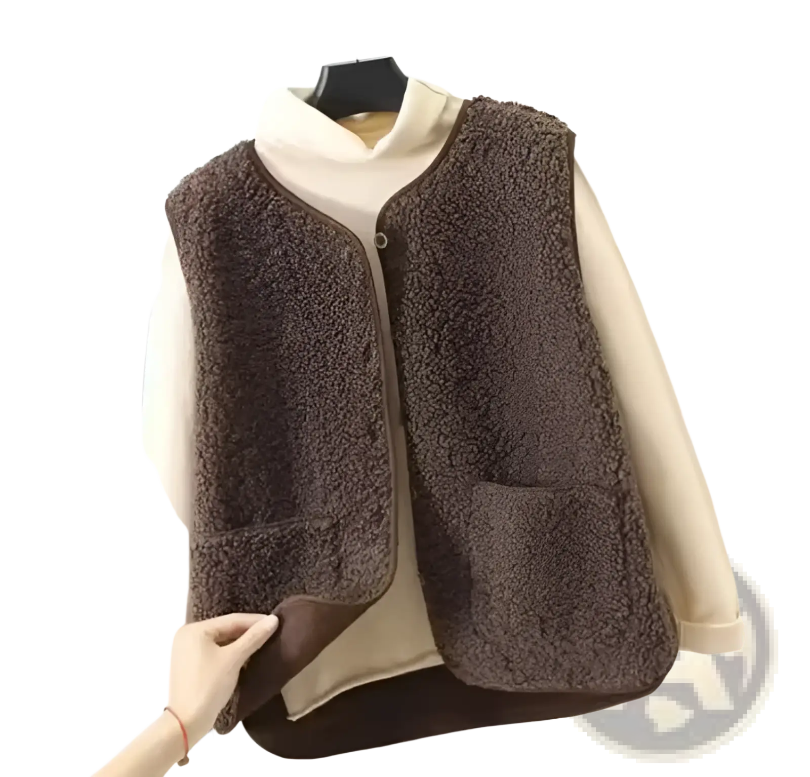 Plush fleece vest women brown faux fur with cozy textured exterior and dark brown inner lining for winter outerwear