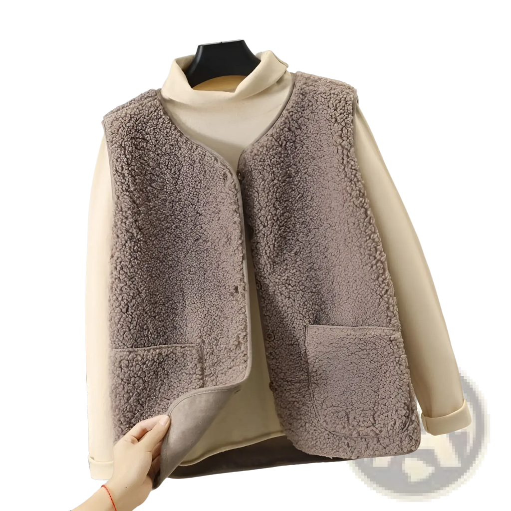 A cozy taupe fleece vest for women featuring a soft textured surface and two front pockets for winter outerwear