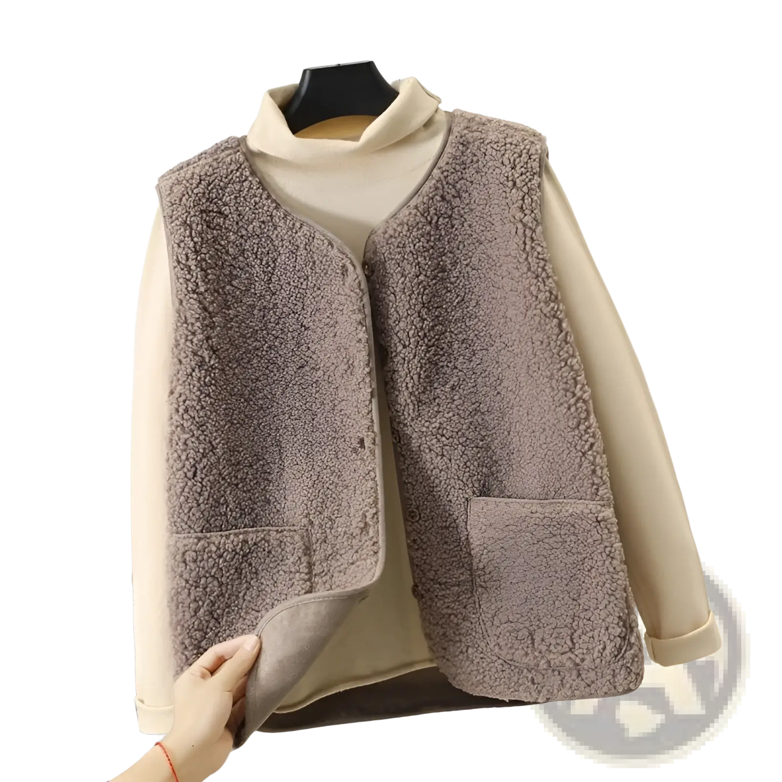 A cozy taupe fleece vest for women featuring a soft textured surface and two front pockets for winter outerwear