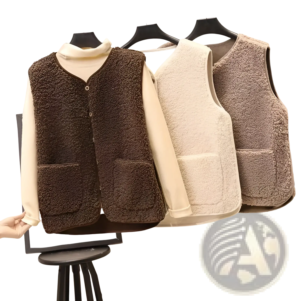 Three cozy plush fleece vests in brown cream and taupe hang on black hangers for winter outerwear
