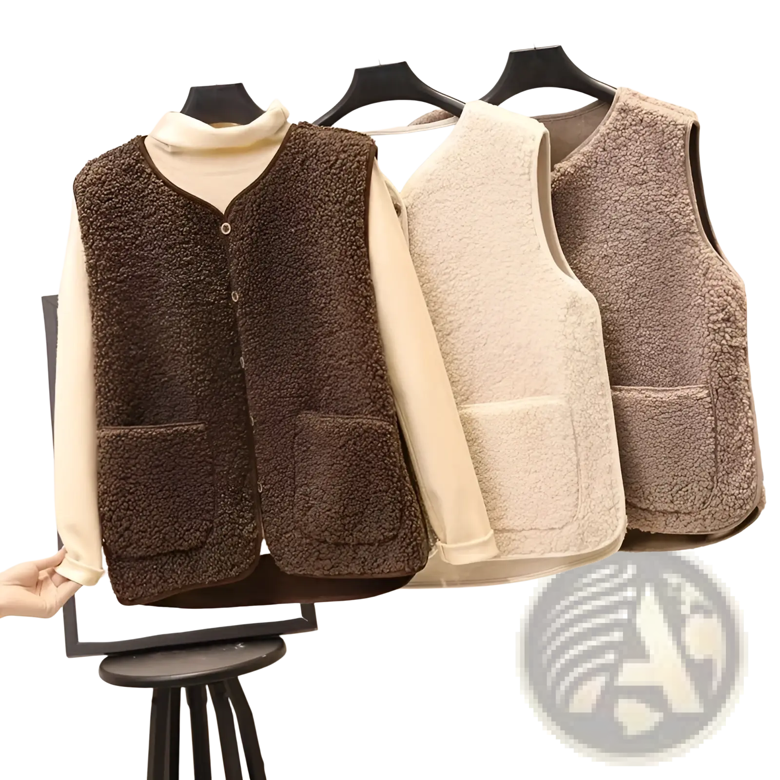 Three cozy plush fleece vests in brown cream and taupe hang on black hangers for winter outerwear