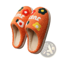 Orange plush floral cotton slippers with soft tpr sole featuring colorful embroidered flowers and white sne lettering