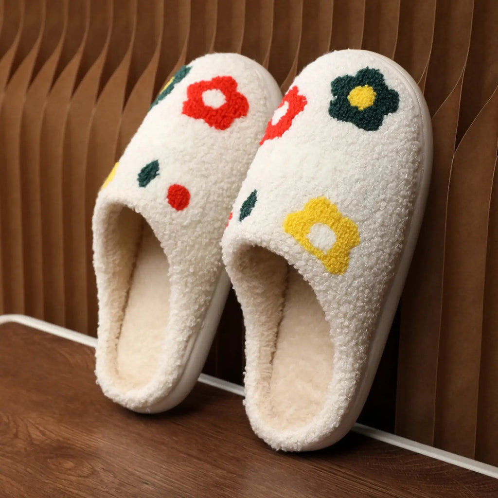White fluffy plush floral cotton slippers with colorful red yellow and green embroidered flowers and soft tpr sole