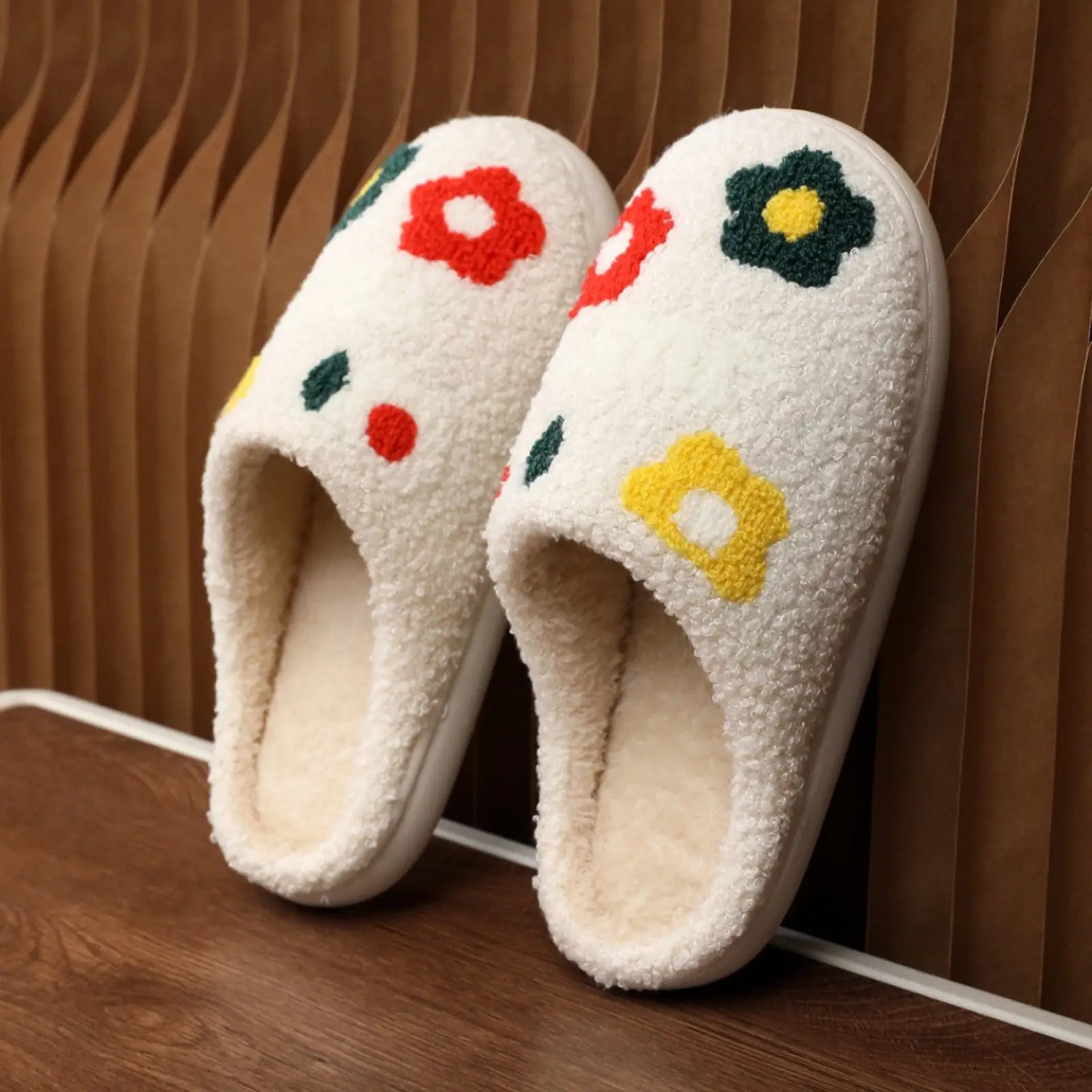 White fluffy plush floral cotton slippers with colorful red yellow and green embroidered flowers and soft tpr sole