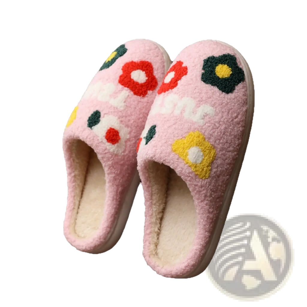Plush floral cotton slippers in pink with colorful embroidered flowers and soft tpr sole for indoor comfort