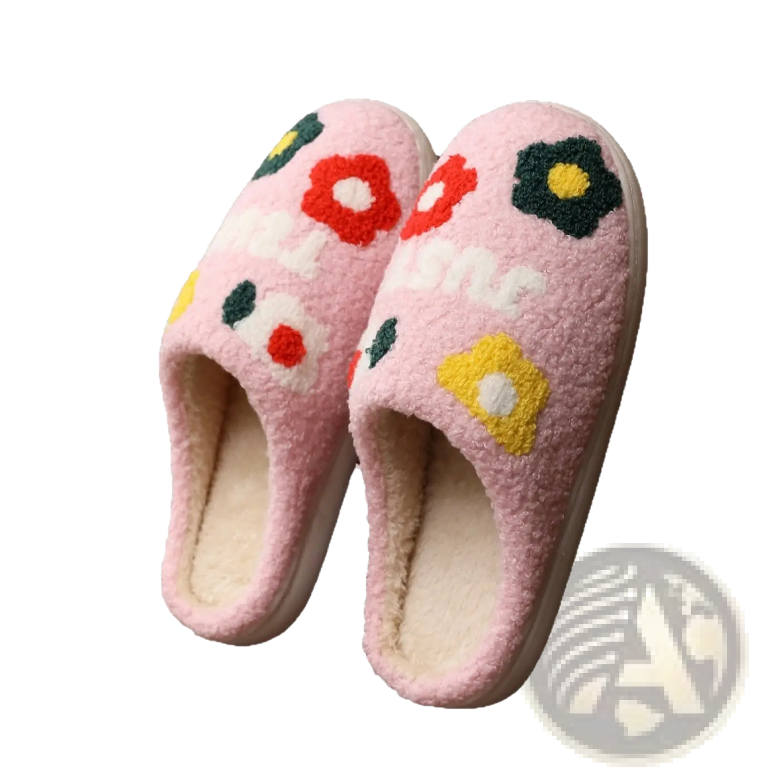 Plush floral cotton slippers in pink with colorful embroidered flowers and soft tpr sole for indoor comfort
