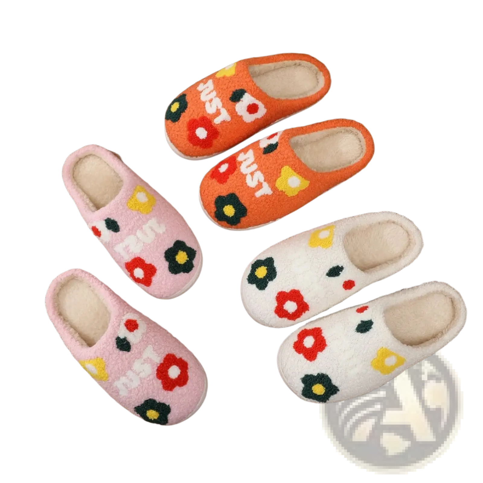 Set of three cozy plush floral cotton slip-on slippers in orange pink and white with soft TPR sole and embroidered designs