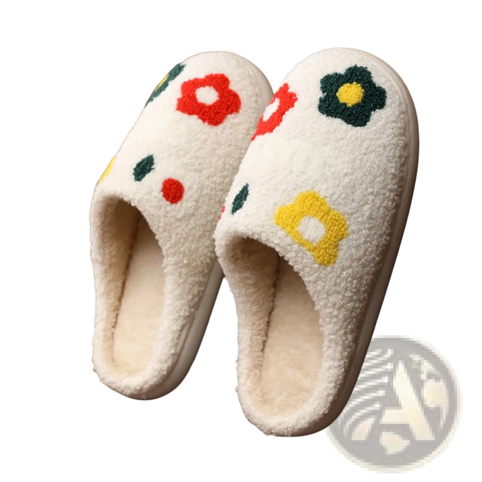 Plush floral cotton slippers in white with colorful embroidered flowers and soft tpr sole for indoor comfort