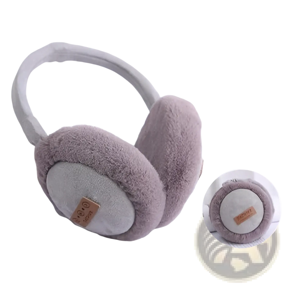Soft gray plush foldable bluetooth winter earmuffs with cozy fuzzy exterior and subtle woven texture on the inner panel