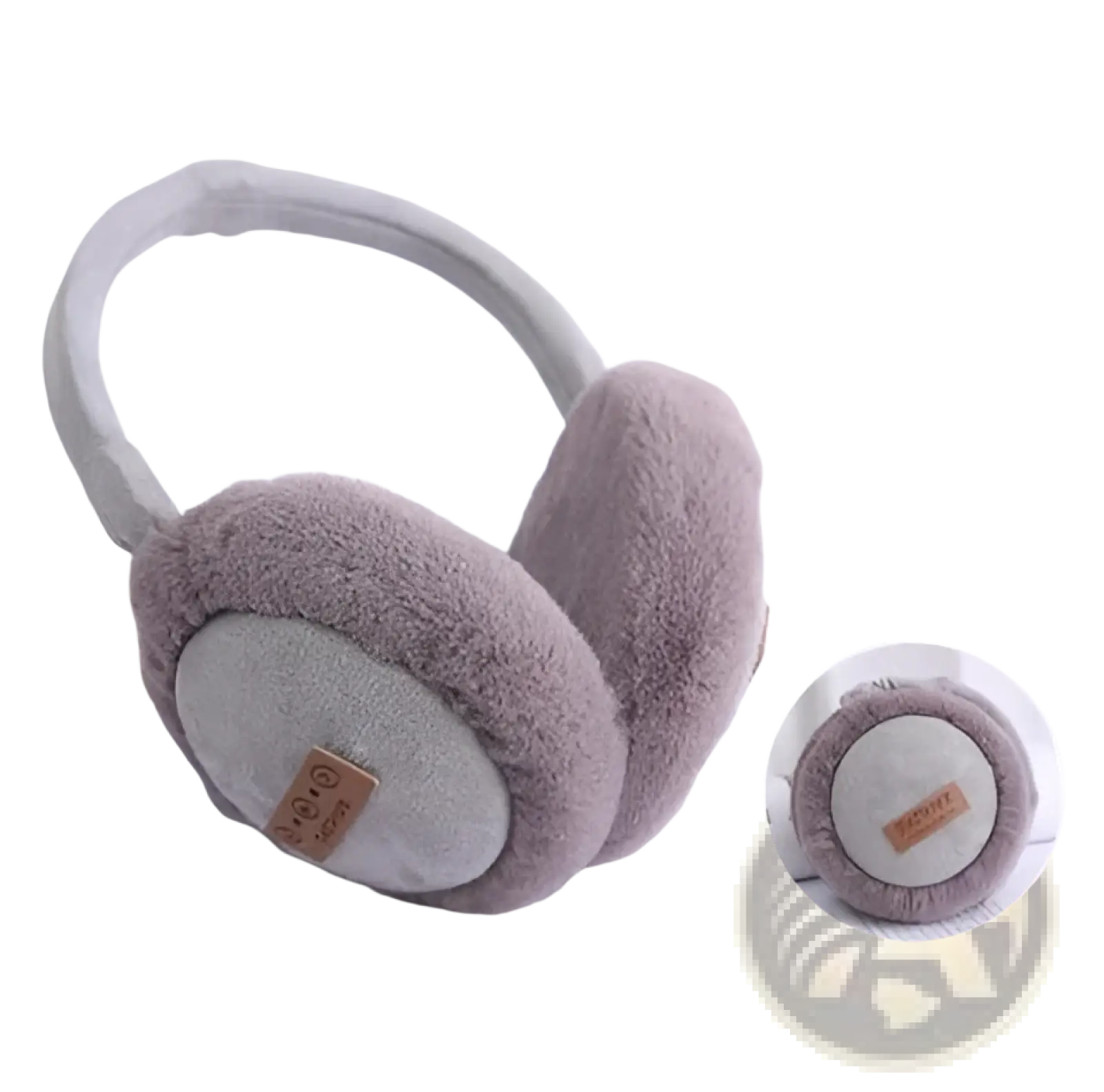 Soft gray plush foldable bluetooth winter earmuffs with cozy fuzzy exterior and subtle woven texture on the inner panel