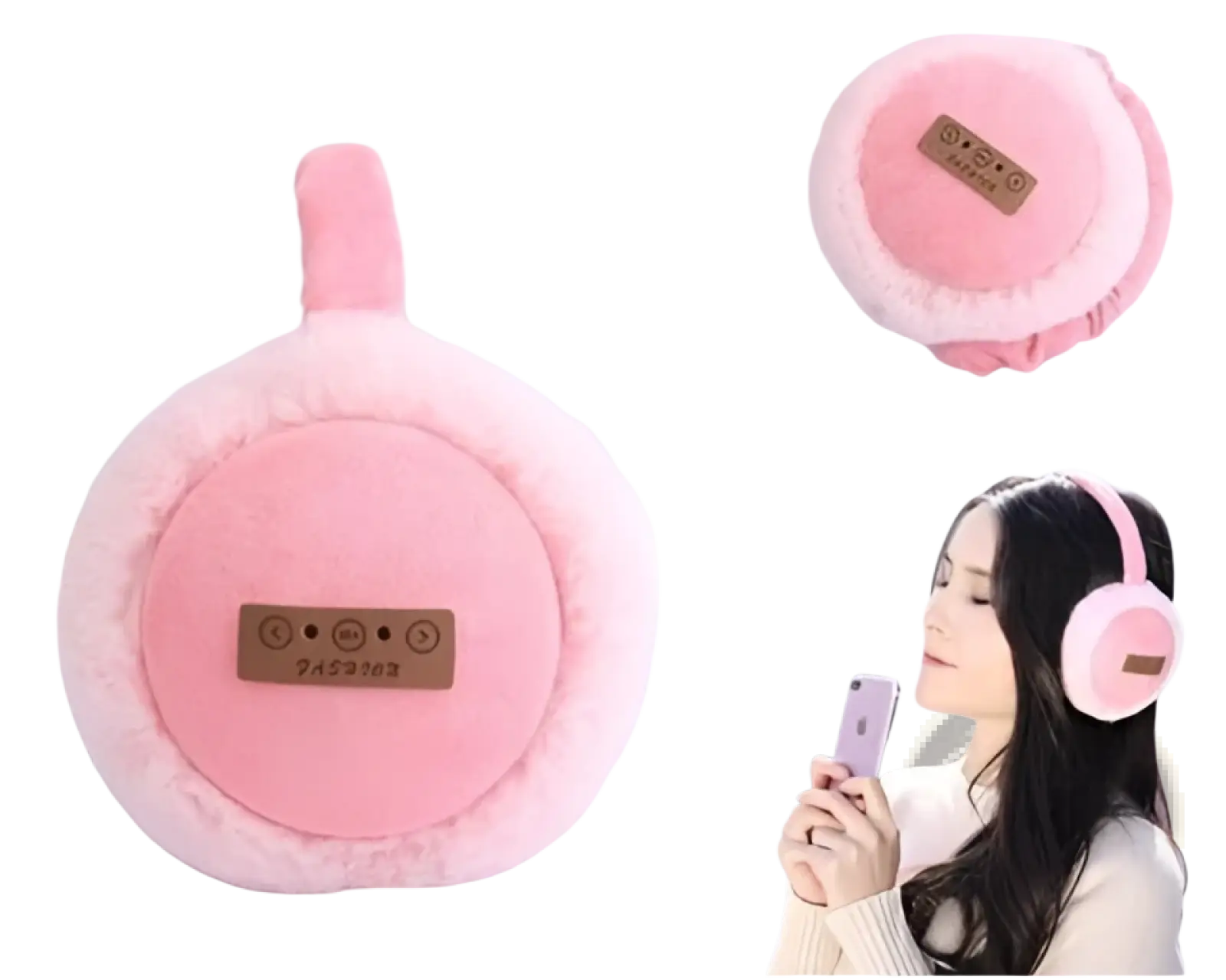 Pink plush foldable Bluetooth winter earmuffs with soft fuzzy texture and a small wooden plaque on the front