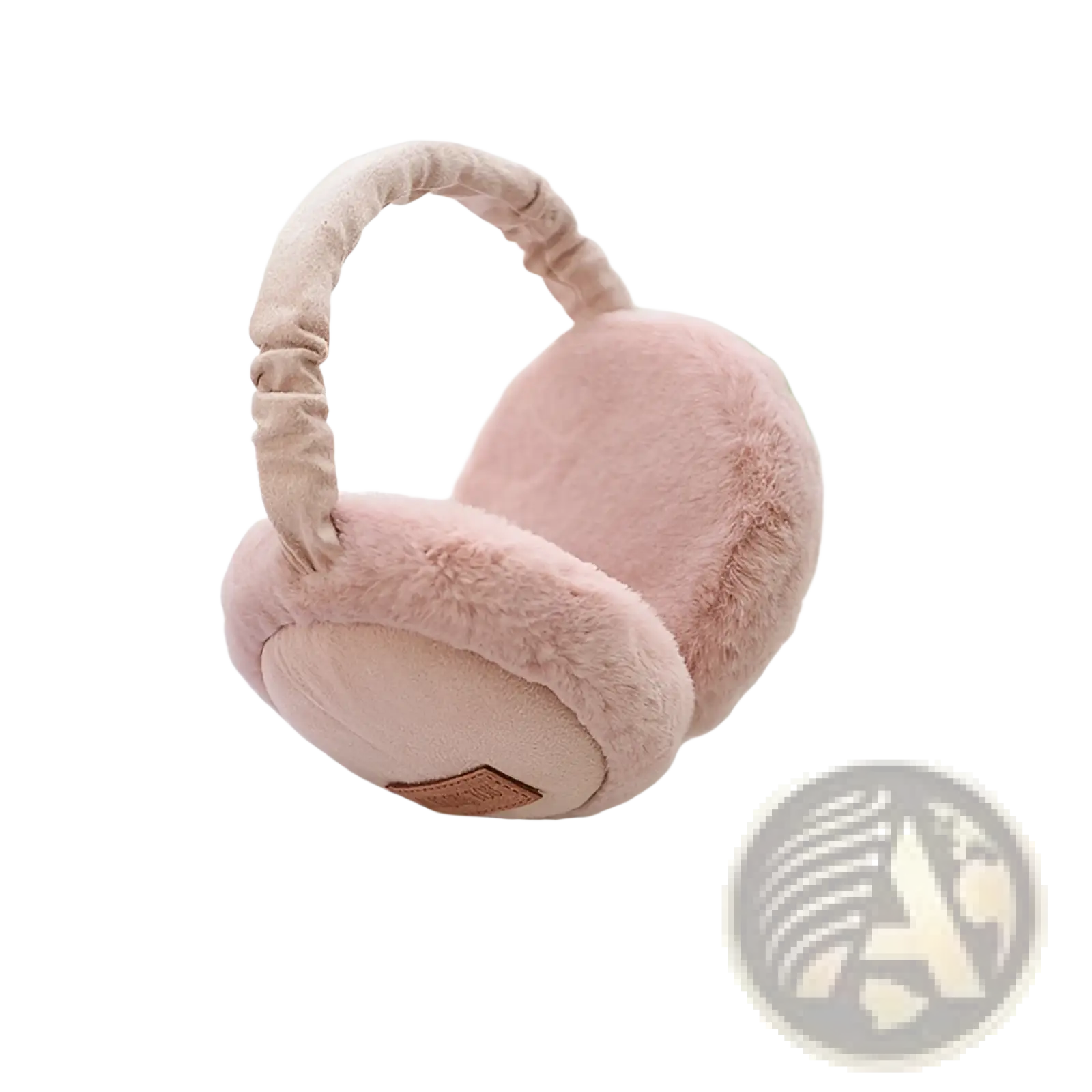 Plush foldable bluetooth winter earmuffs in soft pink faux fur with suede headband and small brown leather patch