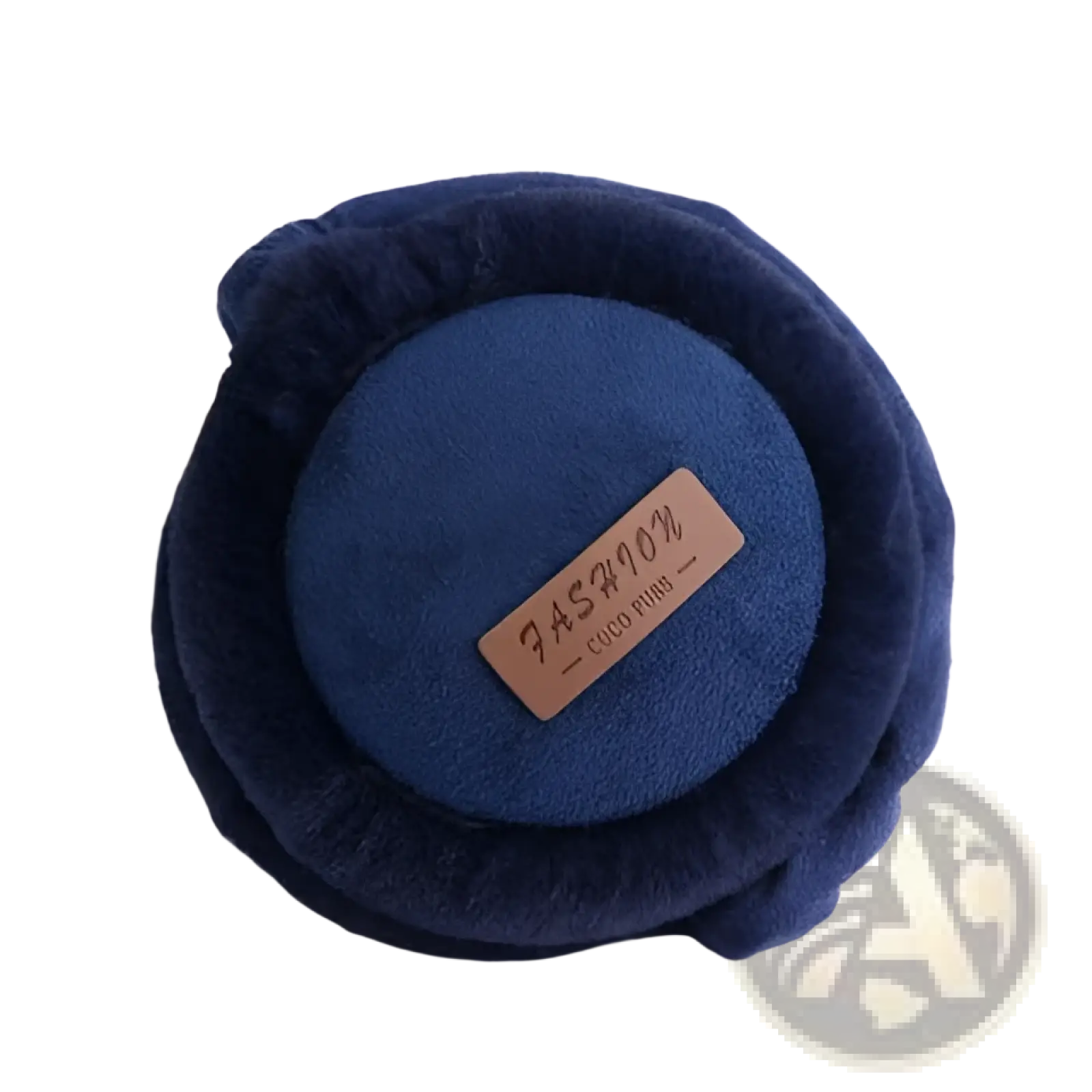 Navy blue plush foldable Bluetooth winter earmuffs with stereo sound and brown leather tag reading fashion good ribs