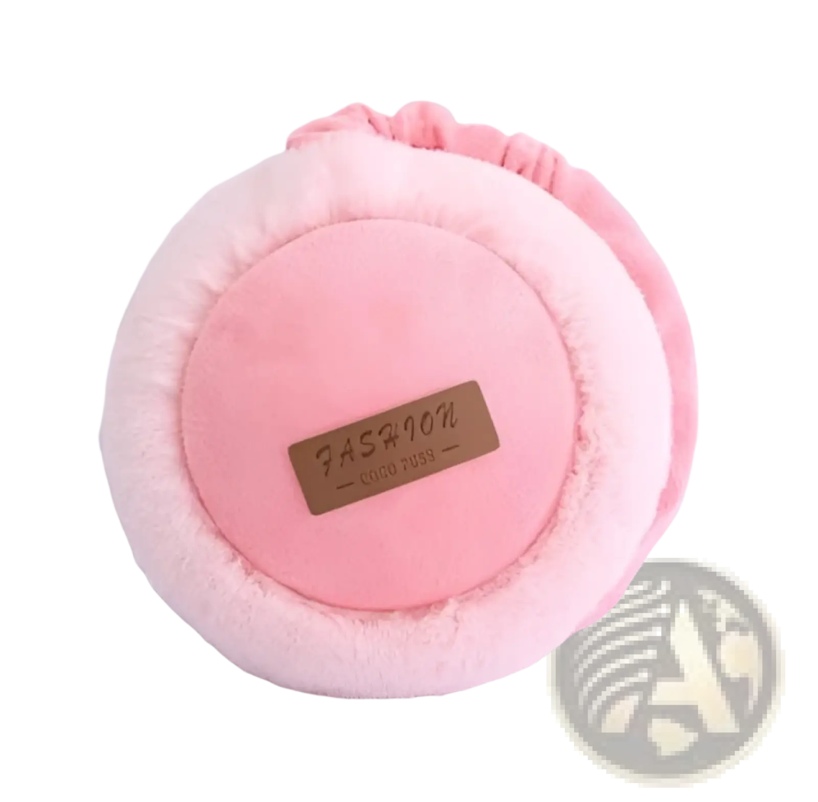 Pink plush foldable Bluetooth winter earmuffs with soft fluffy texture and brown leather fashion label on inner lining