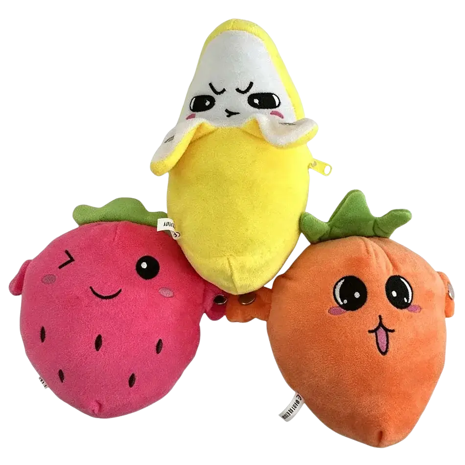 Plush fruit coin purse stuffed animal toy featuring cute pink strawberry yellow peeled banana and orange carrot characters